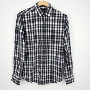 Boss Men's Navy and White Plaid Button-Up Shirt M.